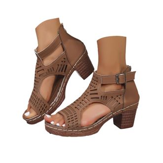 Generic Chunky Heeled Sandals for Women Bohemian Stacked Heeled Cutout Sandals Open Toe Summer Block Heel Booties Ankle Buckle Fashion Dress Sandal with Back 