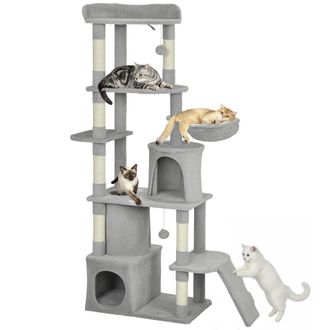 OEM &Aacute;rbol Rascador Para Gatos Grande Altura 170 Cm Con 7 Postes 1 T&uacute;nel 3 Plataformas 2 Cuevas 1 Hamaca Gris Claro