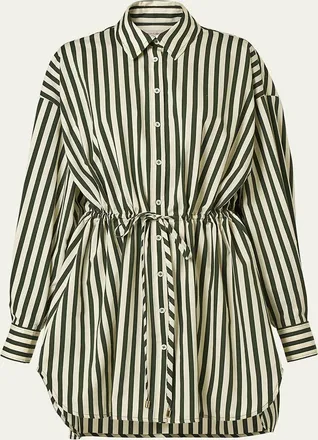 Carolina Herrera Striped Long-Sleeve Drawstring Mini Shirtdress