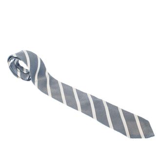 HUGO BOSS Boss By Hugo Boss Blue & White Textured Diagonal Stripes Silk Jacquard Classic Tie