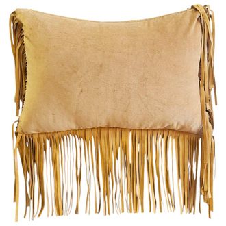 Les-Ottomans Cotton Velvet & Leather Fringes Cushion-yellow