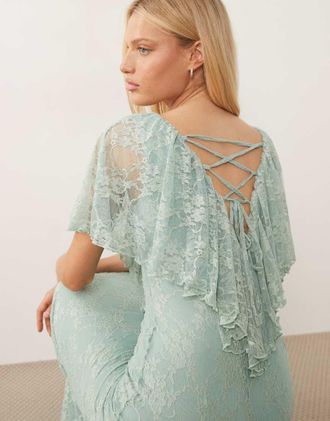 Asos Vestito lungo in pizzo verde menta con volant e scollo a V