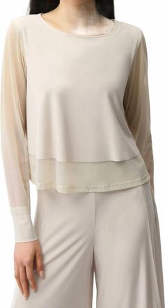 Joseph Ribkoff Silky Knit Crewneck Top With Mesh Sleeves And Layered Lining In Moonstone