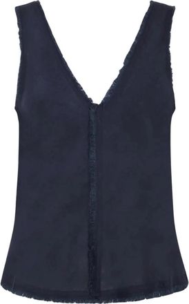 P.A.R.O.S.H. Linnen Top zonder Mouwen met V-hals en Franjes - Dames - Tops zonder mouwen - Blauw - S - Linnen - Tops