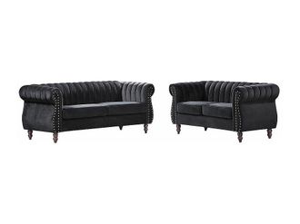 Vente-Unique Sof&aacute;s chesterfield de 3 y 2 plazas de terciopelo negro TRUMBO