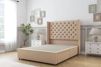 Sloomy Dior Plush Divan Bed Base 2 Drawers - 54 Wingback Headboard in Stone | Size: Small Double