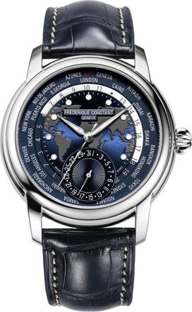 Frederique Constant Uomo - FC -718Nwm 4H6 - Fabricage Worldtimer 42 mm GMT lederen band - Heren - Horloges - Blauw - ONE Size - Accessoires