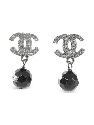 Chanel 2014 CC Silver Plated Bead Drop Push Back Earrings costume earrings - Nero