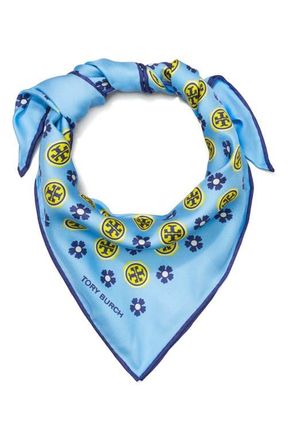 Tory Burch Silk Triangle Scarf in Blue Floral Monogram at Nordstrom