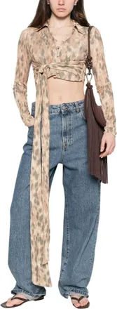 Ganni Beige Animal Print V Neck Top