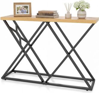 Costway 55in Long Console Table Sturdy Iron Wood Accent Table for Behind Sofa Brown
