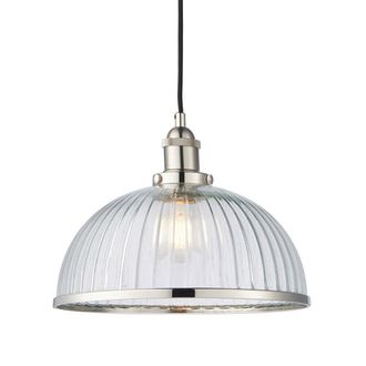 Loops Hanging Ceiling Pendant Light Nickel & RIBBED GLASS Dome Bowl Lamp Shade Holder in Metallics