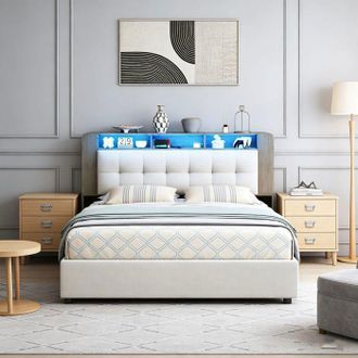 OEM Cama Lit 140x190 - Pocketpop - Terciopelo Blanco Roto - Con Somier - Iluminaci&oacute;n Led - 2 Plazas