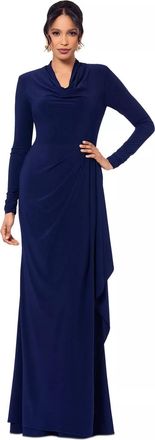 Betsy & Adam Womens Cowlneck Draped Long-Sleeve Gown In Blue