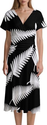 Generic New Zealand Maori Fern Womens Midi Dress Short Sleeve Casual Dresses V Neck M