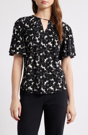 Anne Klein Floral Print Pleat Neck Top in Anne Black/White Dove at Nordstrom, Size Xx-Small