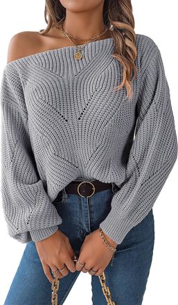 Feoya Womens Fall Sweaters Casual Pullovers Bateau Neckline Sweater Loose Jumper Tops Off Shoulder Knit Pullovers with Long Sleeve S Grey