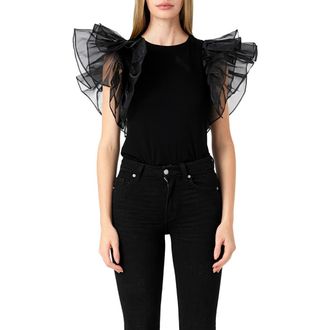 endless rose Organza Ruffle Sleeve Top in Black at Nordstrom Rack, Size Small