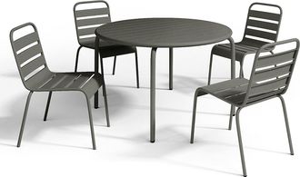 Vente-Unique Comedor de jard&iacute;n de metal - Mesa D.110 cm y 4 sillas apilables - Gris antracita - MIRMANDE