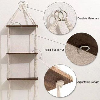 OEM Estanter&iacute;a De Pared De Madera Con Colgante De Macram&eacute; - 3 Niveles - Decoraci&oacute;n Bohemia Para El Hogar