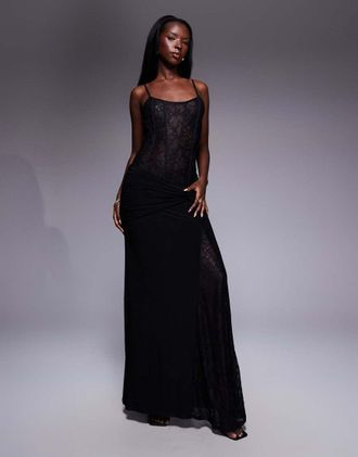 Asos Vestito lungo a corsetto in pizzo con gonna a ruota a pannelli nero
