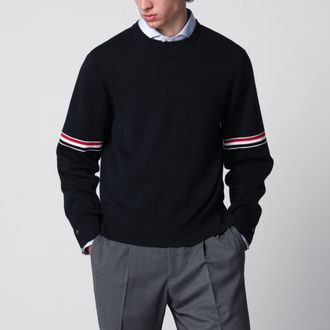 Thom Browne Navy blue cotton sweater with tricolor details