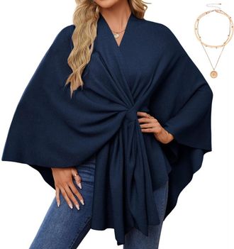 Generic Womens Fleece Drape Shawl Wraps,Soft Open Front Poncho Cape,Elegant Shawl Wraps for Women for Fall Winter (Navy blue)