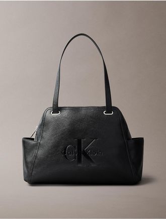 Calvin Klein Womens Embossed Monologo Pocket Tote Bag - Black