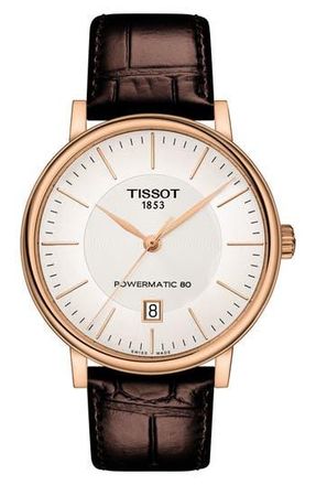 Tissot Premium Carson Powermatic 80 Leather Strap Watch, 40mm in Brown/Silver/Rose Gold at Nordstrom Rack
