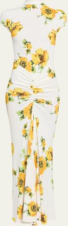 Alaia Mock-Neck Draped Floral Jersey Cap-Sleeve Maxi Dress