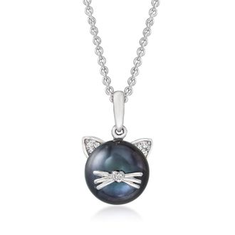Ross-Simons 9-9.5mm Black Cultured Pearl Cat Pendant Necklace With Diamond Accents in Sterling Silver