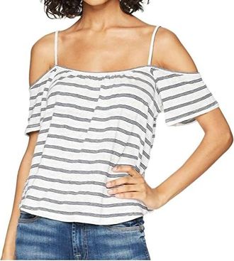 BB Dakota Keagan Striped Linen Blend Cold Shoulder Tank Top In White/navy