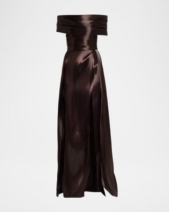 Pamella Roland Liquid Organza Off-The-Shoulder Slit Gown