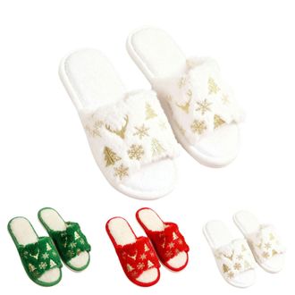 Generic Christmas Slippers for Women Size 6 Plush Fuzzy Warm Cozy Memory Foam, Anti-Slip Slip-On Slippers Ladies Open Toe Home Shoes for Xmas Holiday Winter I