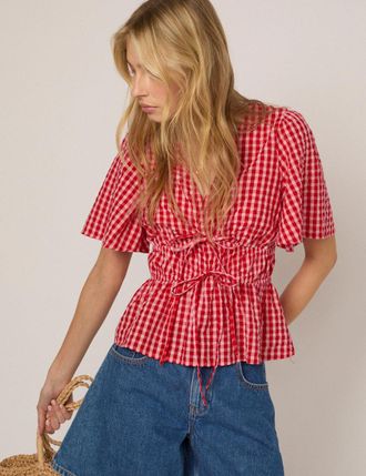 Nobody's Child Red V Neck Gingham Cordelia Top