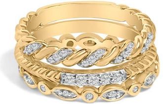 House of Brilliance 14K Yellow Gold Plated Sterling Silver 1/4 Cttw Diamond Twist Leaf Stackable Ring Set in Yellow Gold Over Silver at Nordstrom