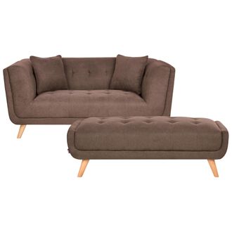 Beliani Sof&aacute; 2 Plazas De Tela Con Otomana Cojines Decorativos Patas De Madera Capiton&eacute; Estilo Retro Marr&oacute;n Oscuro Habo