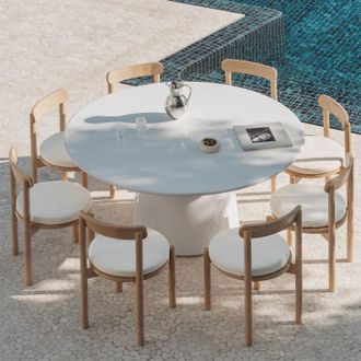Sklum Set De Mesa Redonda &Oslash;150 Cm En Cemento Numira Y 8 Sillas De Jard&iacute;n En Madera De Acacia Nualis Sklum