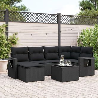 vidaXL Set De Comedor De Jard&iacute;n 7 Pzas Y Cojines Rat&aacute;n Sint&eacute;tico Negro Vidaxl