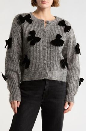 Lush Bow Appliqu&eacute; Cardigan in Charcoal Black at Nordstrom Rack, Size X-Small