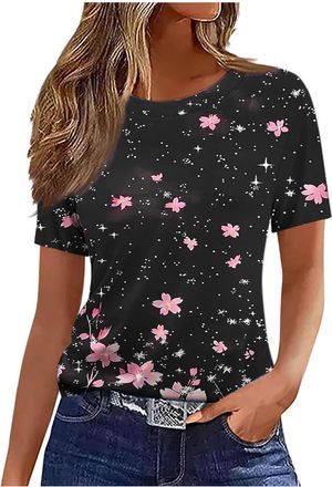 Generic Summer Tops for Women UK 2025 Fashion Short Sleeve Crew Neck T-Shirt Funny Marble Floral Print Blouse Casual Lightweight Loose Fit Shirts Ladies Elega