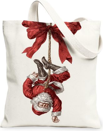 Generic Christmas Santa Canvas Tote Bags, Holiday Retro Illustration Reusable Grocery Bags, Festive Lightweight Washable Shoulder S, White, 13x15 Inch