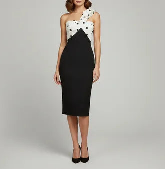 SAFiYAA Black Stretch Crepe Draped Polka Dot Midi Dress