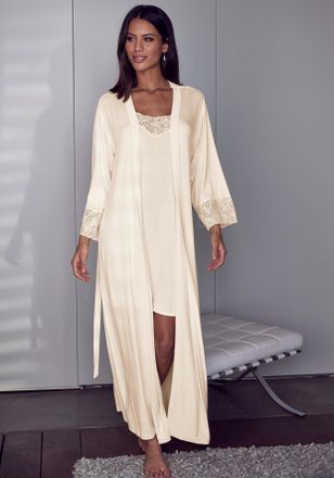 Lascana Kimono LASCANA, Damen, Gr. 32/34, beige (creme), Single-Jersey, unifarben, Langform, Hausm&auml;ntel Kimono, mit edlen Spitzendetails