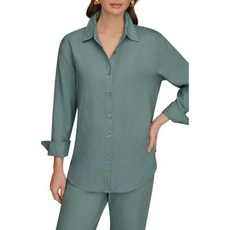DKNY Linen Button-Up Shirt in Waterlily at Nordstrom, Size Large