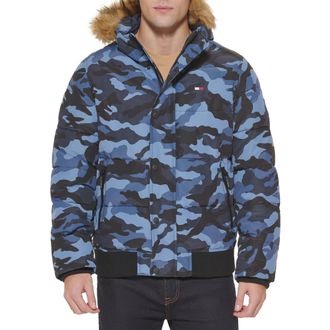 Tommy Hilfiger Mens Arctic Cloth Quilted Snorkel Bomber Jacket Parka, Blue Camo, M