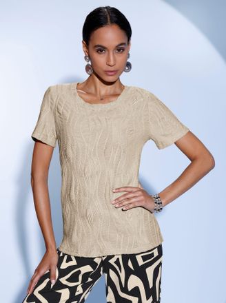 Cr&eacute;ation L Kurzarmshirt CREATION L Jacquard-Shirt, Damen, Gr. 36, sand, 95% Polyester, 5% Elasthan, unifarben, Shirts Kurzarmshirt