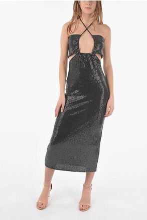Dodo Bar Or Holographic Effect bare back midi TAL halterneck dress size 42