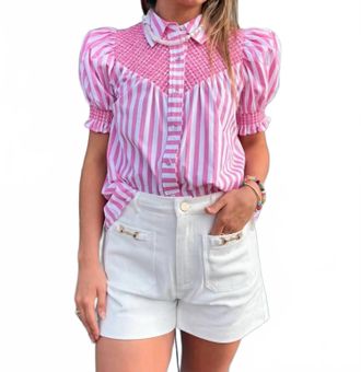 Entro Classic Button-Down Stripe Top In Pink/white