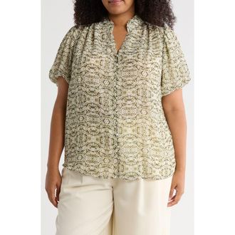 Adrianna Papell Short Sleeve Button-Up Top in Mini Sage Layered Floral at Nordstrom Rack, Size 2X